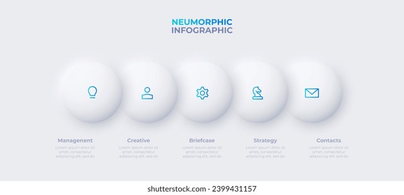 Neumorphism design infographic with 5 steps. Timeline illustration
