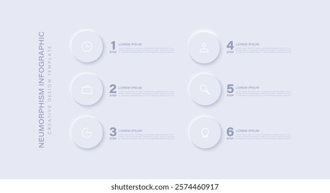 Neumorphism design infographic, 6 options illustration. Minimal clean design.