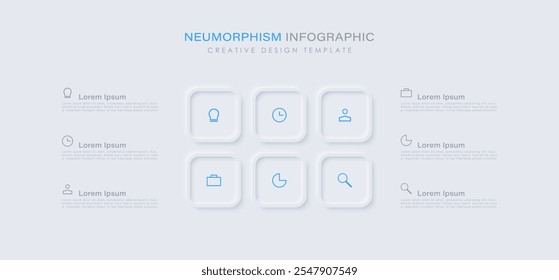 Infográfico de design de neumorfismo, ilustração de linha do tempo em 6 etapas. Modelo de design minimamente limpo com ícones