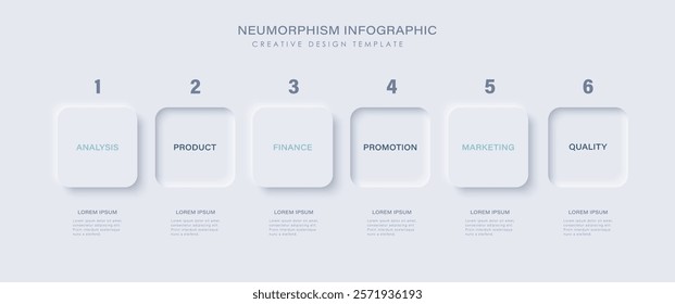 Neumorphism design infographic with 6 step timeline illustration. Minimal clean design.