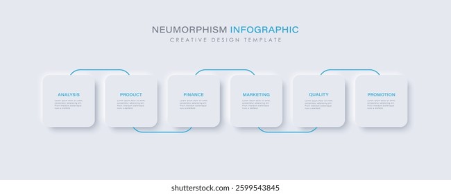 Neumorphism design infographic, 6 step timeline illustration.