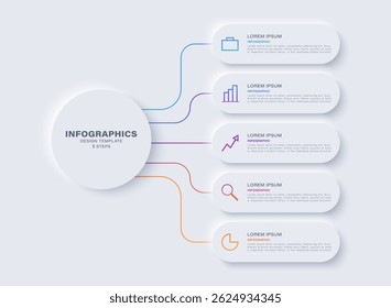 Infográfico de design de neumorfismo ou gráfico de cinco opções. Design minimamente limpo com ícones e texto