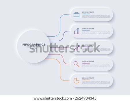 Neumorphism design infographic or five option chart. Minimal clean design with icons and text