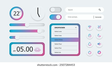 Neumorphism futuristic smartphone UI with gradient color on white background. Simple soft user interface design with elegant and modern look. Button, slider, and widget for phone app