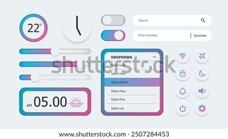 Neumorphism futuristic smartphone UI with gradient color on white background. Simple soft user interface design with elegant and modern look. Button, slider, and widget for phone app