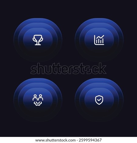 Neumorphism icon set. Glassmorphism Icons of Featuring Security, Privacy, Trophy, and Graph Symbols in a Modern Transparent UI Style
