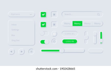 Neumorphism icons. Neumorphic UI UX white user interface web buttons and ui sliders. Vector UI UX kit for mobile applications, web and social media. Mobile menu and apps. Neumorphic ui ux design kit.