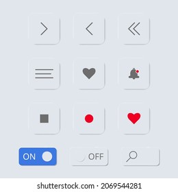 Neumorphism.UI icons set. Vector. For mobile, web, social media, business.