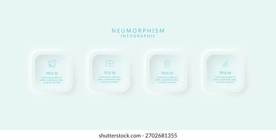Neumorphism infographic design template with 4 steps or options, modern flat vector illustration for business presentation.