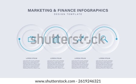 Neumorphism infographic design template with 4 circular elements. Business or Marketing Infographics with Icons