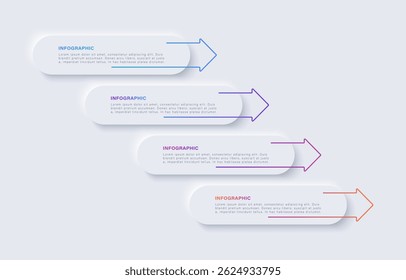 Modelo de design infográfico de neumorfismo com setas. Quatro etapas ou opções com texto