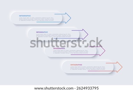 Neumorphism infographic design template with arrows. Four steps or options with text