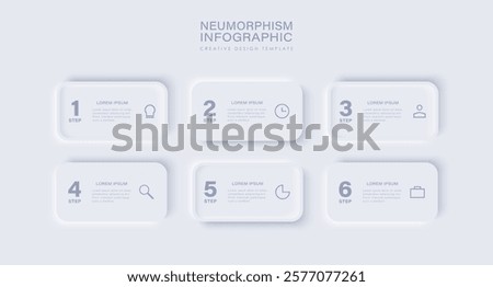 Neumorphism infographic design template. Skeuomorph concept with 6 options, parts, steps or processes