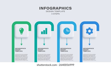 Neumorphism infographic layout. Four steps or processes with business icons and space for data
