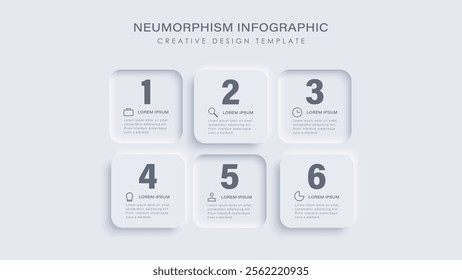 Neumorphism infographic template with 6 steps or options.