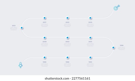 Neumorphism infographic timeline template with 11 steps or options