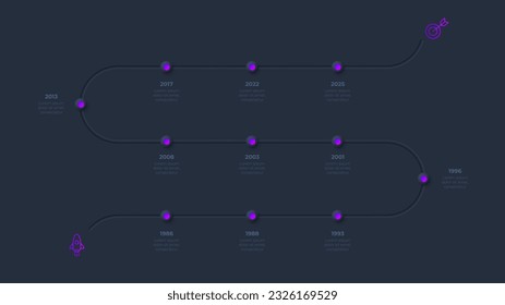 Neumorphism infographic timeline template with 11 steps or options on the dark background