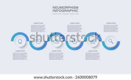 Neumorphism infographics design template with 6 steps and icons