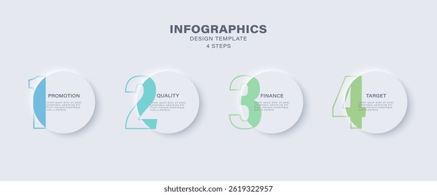Neumorphism infographics design template with four options. Round button elements for infographics