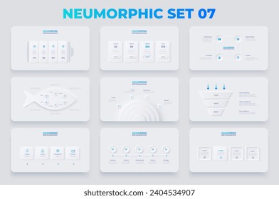 Neumorphism infographics elements set with 3, 4 and 5 options. Battery, funnel, fishbone and SWOT diagram