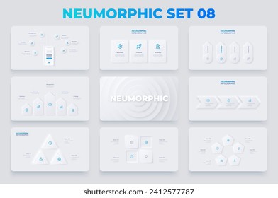 Neumorphism infographics elements set with 3, 4 and 5 options. Arrows, smartphone, cycle and banners diagrams