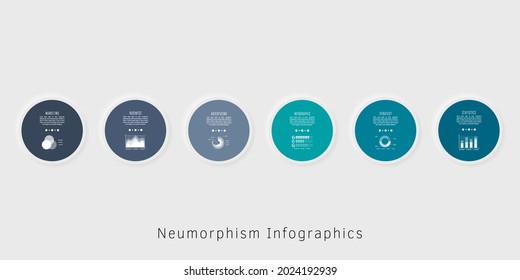 Neumorphism infographics template for chart, diagram, web design, presentation, workflow layout. Business concept with 6 options, parts, steps or processes