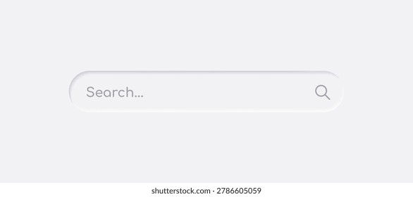 Neumorphism interface search bar with magnifying glass icon. White button element for UI UX websites and apps. Minimalist interface design. Vector illustration