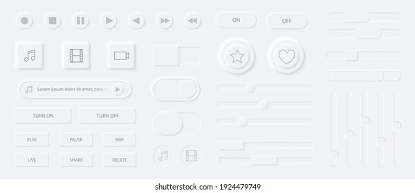 Neumorphism media player interface elements set. Modern web or mobile app design. Audio or video player app. Volume control buttons and knobs. Minimal style neumorphism. Neumorphic UI UX interface.