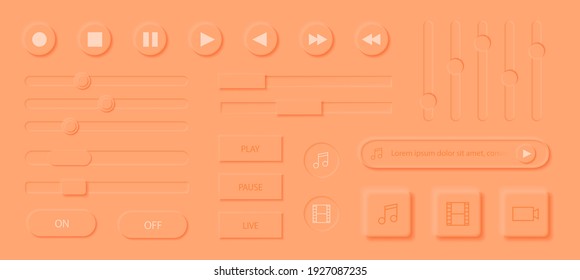 Neumorphism media player interface elements set. Modern web or mobile app. Audio or video player application. Volume control buttons and knobs. Minimal style neumorphism. Neumorphic UI UX interface.