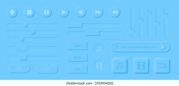 Neumorphism media player interface elements set. Modern web or mobile app design. Audio or video player app. Volume control buttons and knobs. Minimal style neumorphism. Neumorphic UI UX interface.
