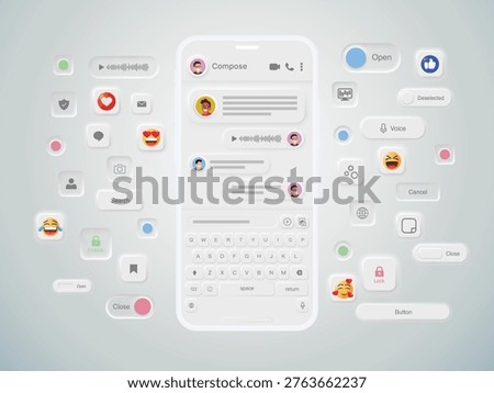 Neumorphism Messaging App UI Kit with Smartphone, Emoji, Voice Message and Link – Soft UI Chat Interface Mobile Screen Icons Buttons Vector Illustration