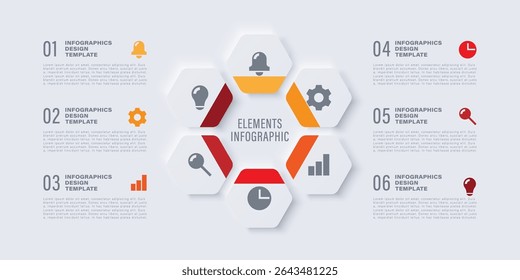Neumorphism Pie Chart Infographic Template. Six infographic elements with icons and space for data
