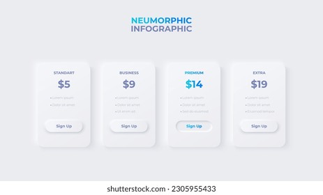 Neumorphism price table concept. Pricing or subscription plan ui web elements