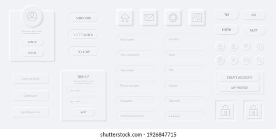 Neumorphism  sign up and log in user page. Registration interface elements set. Modern web or mobile app. Neumorphic UI UX design. White neumorphism. Create account form. Login and password form.