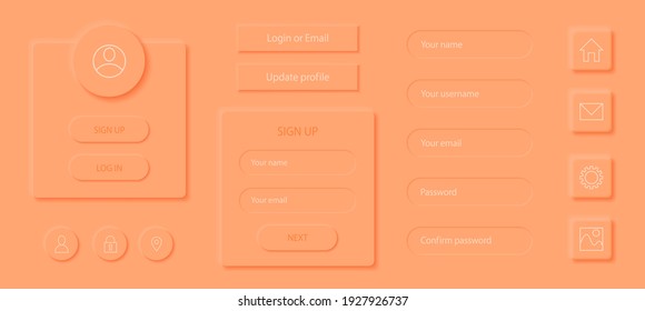 Neumorphismus Anmelden und Anmelden Benutzerseite. Festlegen von Registrierungsschnittstellenelementen. Moderne Web- oder mobile App. Neumorphes UI UX Design. Formular erstellen. Anmelde- und Passwortformular.