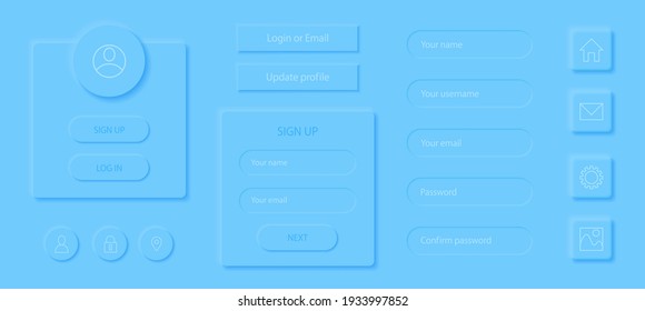 Neumorphism  sign up and log in user page. Registration interface elements set. Modern web or mobile app. Neumorphic UI UX design. Create account form. Login and password form.