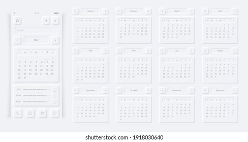 Neumorphism style calendar. Modern website or mobile app design. 2021 year calendar for smartphone, tablets or computers. Neumorphic UI UX design.