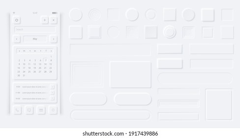 Neumorphism style elements vector set. Modern website or mobile app design. Minimal style neumorphism buttons or icons. Neumorphic UI UX design collection.