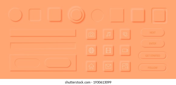 Neumorphism style elements vector set. Modern website or mobile app design. Volume control buttons and knobs. Minimal style neumorphism buttons. Neumorphic UI UX interface.