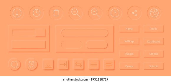 Neumorphism style elements vector set. Modern website or mobile app design. Volume control buttons and knobs. Minimal style neumorphism buttons. Neumorphic UI UX interface.