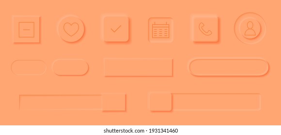 Neumorphism style elements vector set. Modern website or mobile app design. Volume control buttons and knobs. Minimal style neumorphism buttons. Neumorphic UI UX interface.