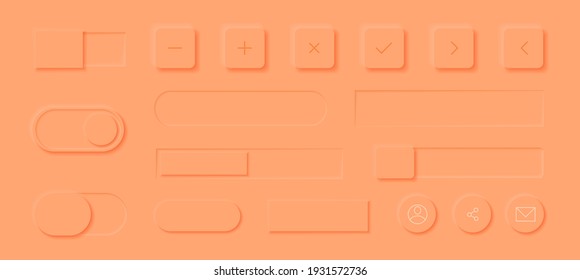 Neumorphism style elements vector set. Modern website or mobile app design. Volume control buttons and knobs. Minimal style neumorphism buttons. Neumorphic UI UX interface.