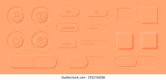 Neumorphism style elements vector set. Modern website or mobile app design. Volume control buttons and knobs. Minimal style neumorphism buttons. Neumorphic UI UX interface.