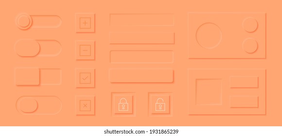 Neumorphism style elements vector set. Modern website or mobile app design. Volume control buttons and knobs. Minimal style neumorphism buttons. Neumorphic UI UX interface.