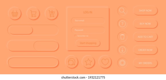 Neumorphism style elements vector set. Modern website or mobile app design. Online shopping web design. Online shop buttons. Minimal style neumorphism. Neumorphic UI UX interface.