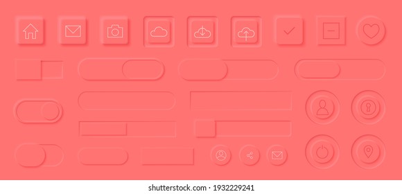 Neumorphism style elements vector set. Modern website or mobile app design. Volume control buttons and knobs. Minimal style neumorphism buttons. Neumorphic UI UX interface.