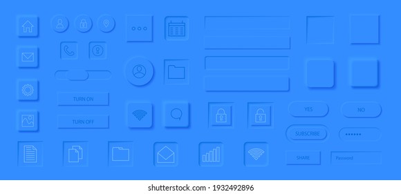 Neumorphism style elements vector set. Modern website or mobile app design. Volume control buttons and knobs. Minimal style neumorphism buttons. Neumorphic UI UX interface.