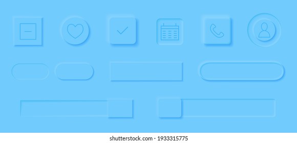Neumorphism style elements vector set. Modern website or mobile app design. Volume control buttons and knobs. Minimal style neumorphism buttons. Neumorphic UI UX interface.