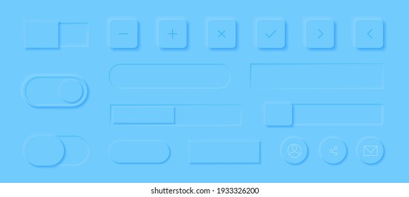 Neumorphism style elements vector set. Modern website or mobile app design. Volume control buttons and knobs. Minimal style neumorphism buttons. Neumorphic UI UX interface.