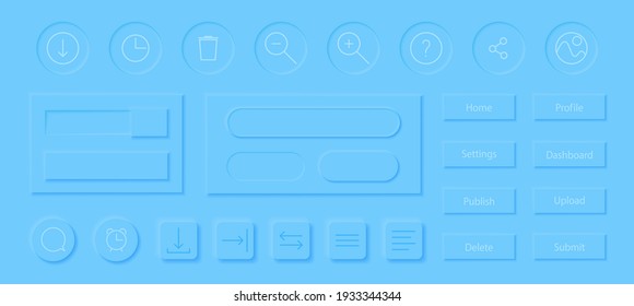 Neumorphism style elements vector set. Modern website or mobile app design. Volume control buttons and knobs. Minimal style neumorphism buttons. Neumorphic UI UX interface.